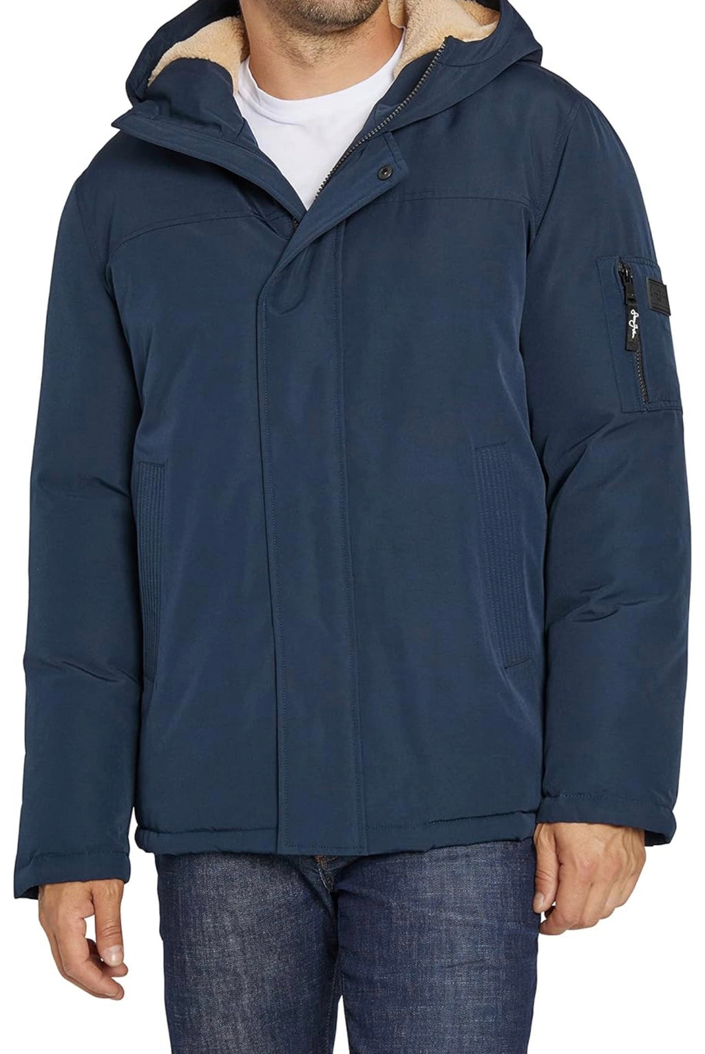 Sean John Men's Bomber Jacket with Fleece Lined Hood - Navy Size L