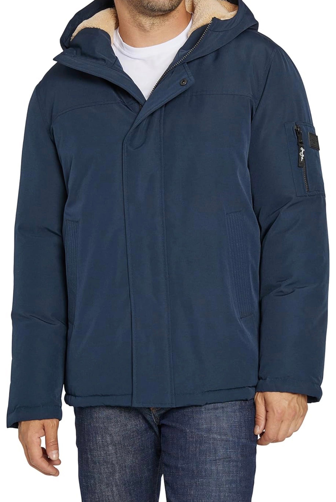 Sean John Men's Bomber Jacket with Fleece Lined Hood - Navy Size L