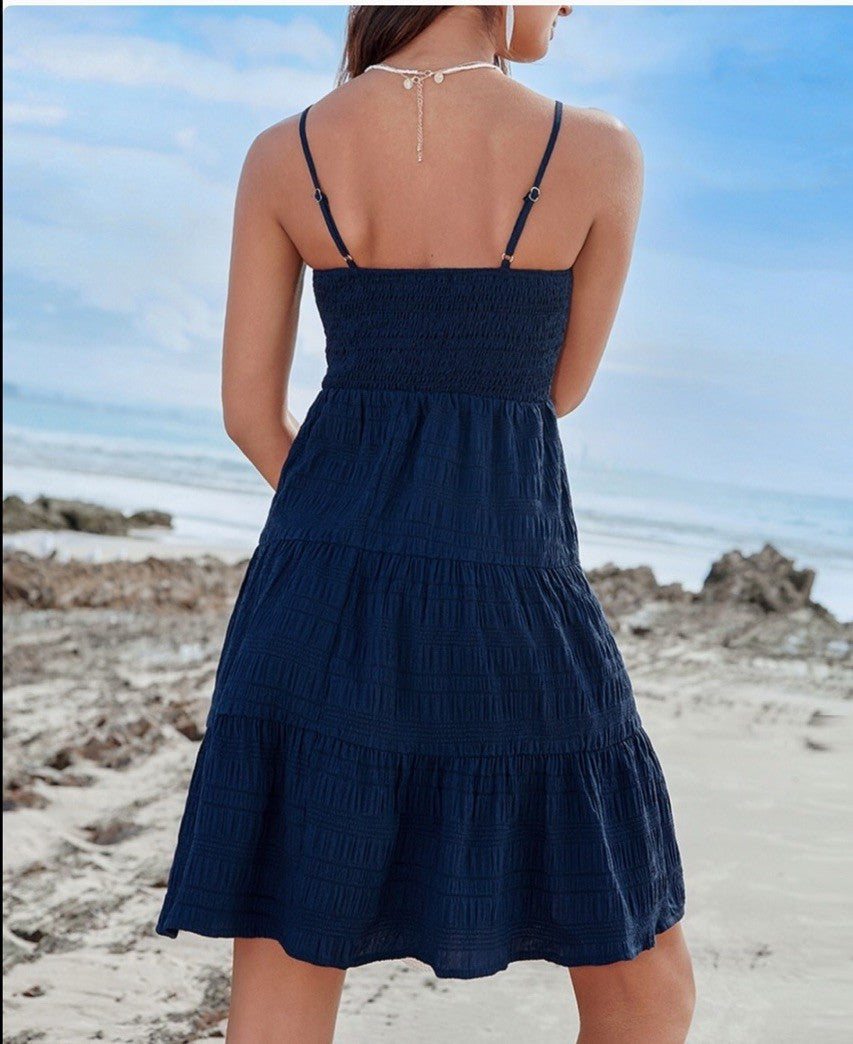 CUPSHE Women's Navy Blue Smocked Bodice Mini Beach Dress Small