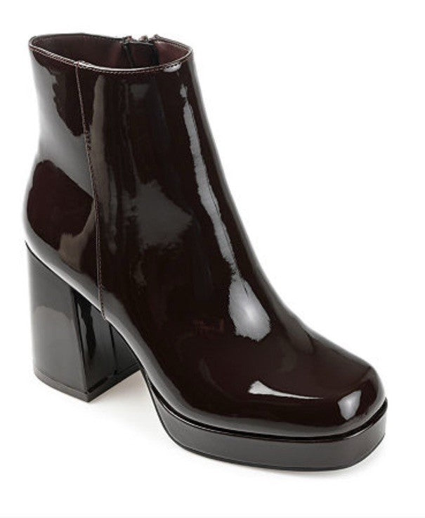 Journee Collection Women's Mollie Platform Block Heel Booties Patent Brown 9