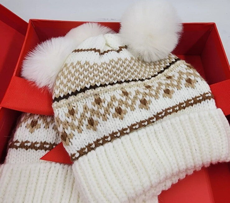 Charter Club Mommy & Me Fair Isle Beanies Set Women's OS Ivory Faux-Fur Pom Poms