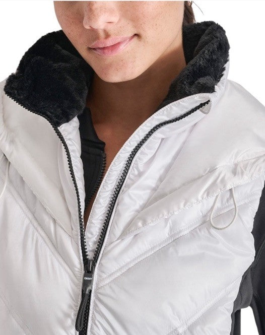 DKNY Womens Hooded Puffer Vest White And Black S