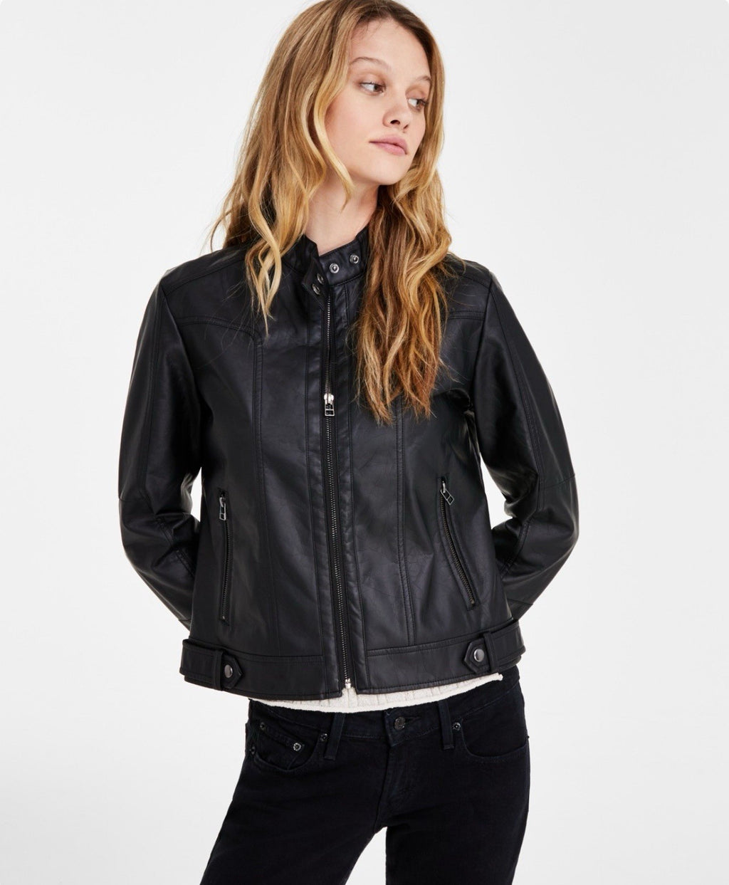 Maralyn & Me Faux-Leather Zip-Front Jacket Juniors S. Black Snap Closure Collar