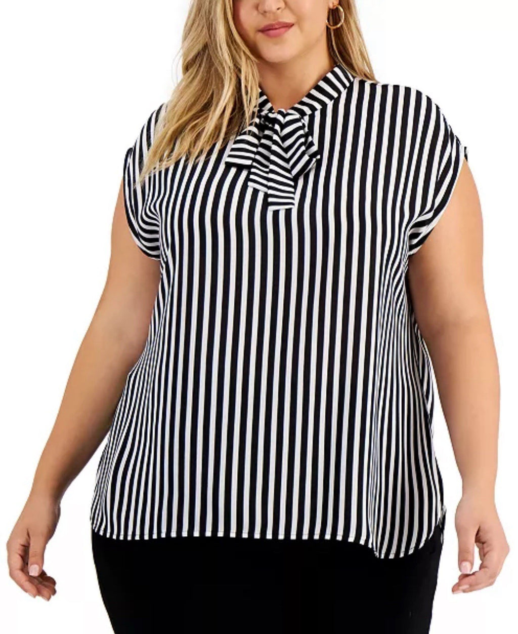Bar III Womens White Tie-Neck Striped Top Plus Size 2X