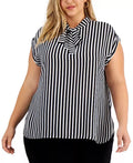 Bar III Womens White Tie-Neck Striped Top Plus Size 2X