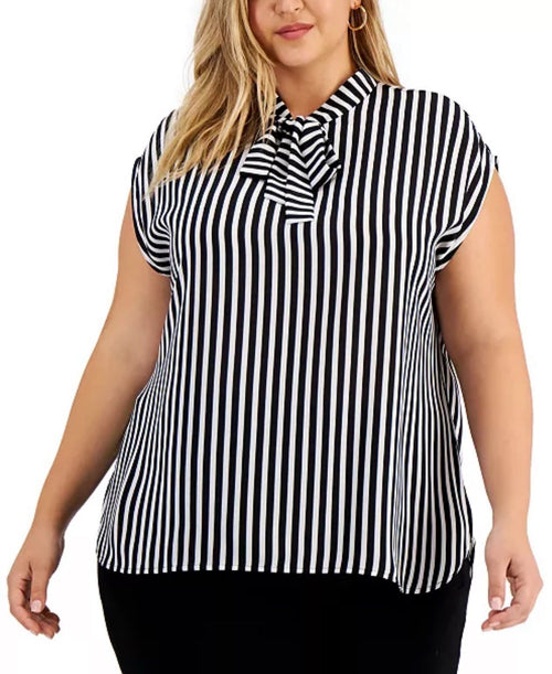 Bar III Womens White Tie-Neck Striped Top Plus Size 2X