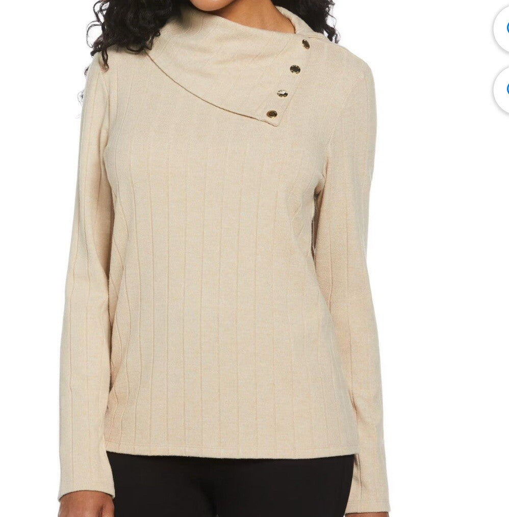 Rafaella Women's Long Sleeve Top with Rivet Neck Trim Size L