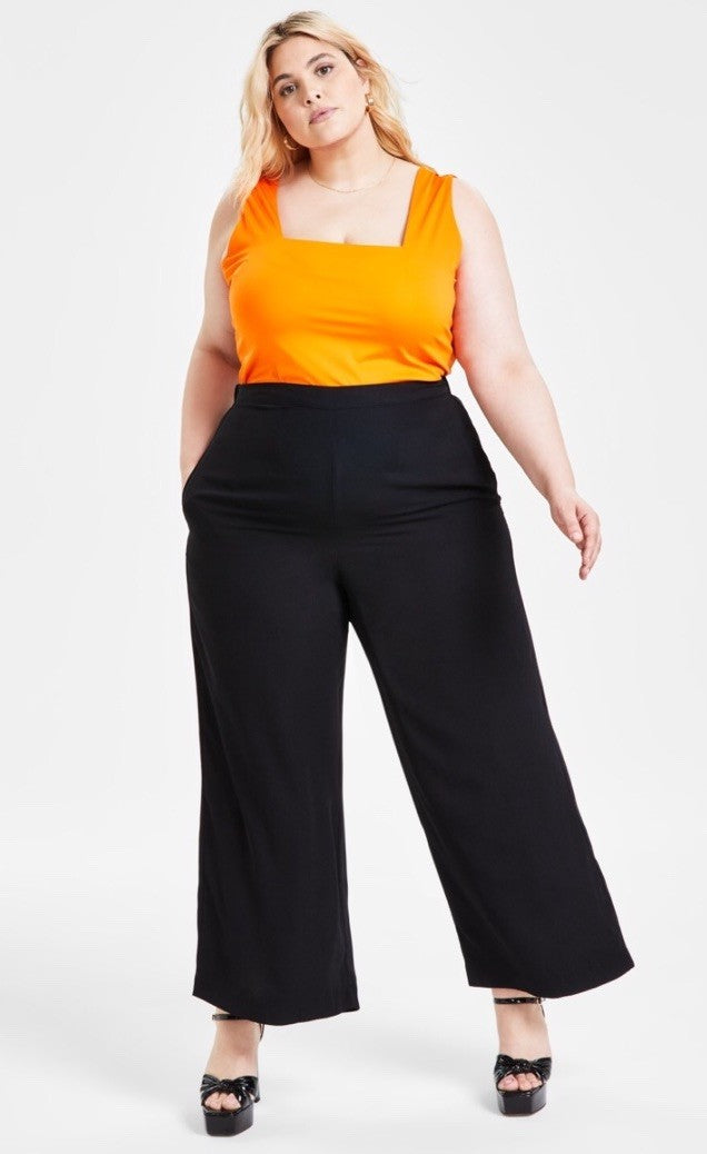 Bar III Women's Black Solid Pleat-Front Wide-Leg Pants Plus Size 22W