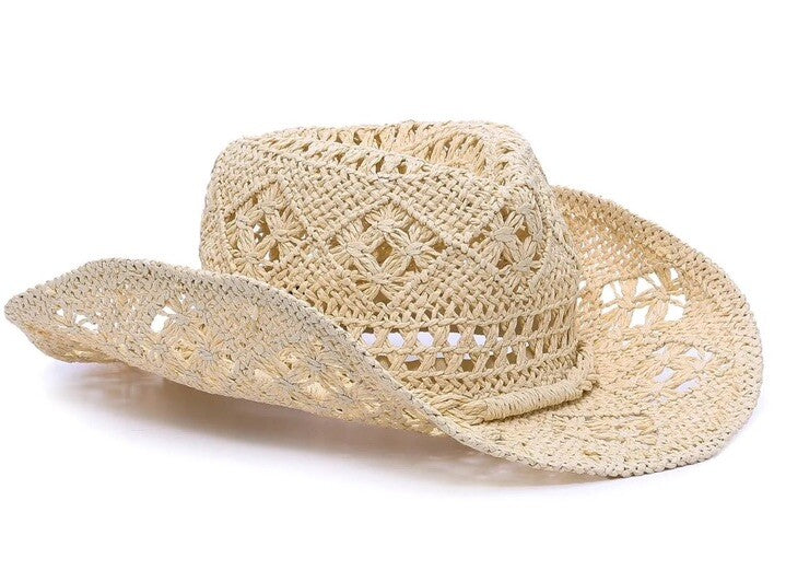 STEVE MADDEN HAILEY Straw Cowboy Hat Natural Beige Braided Trim PACKABLE