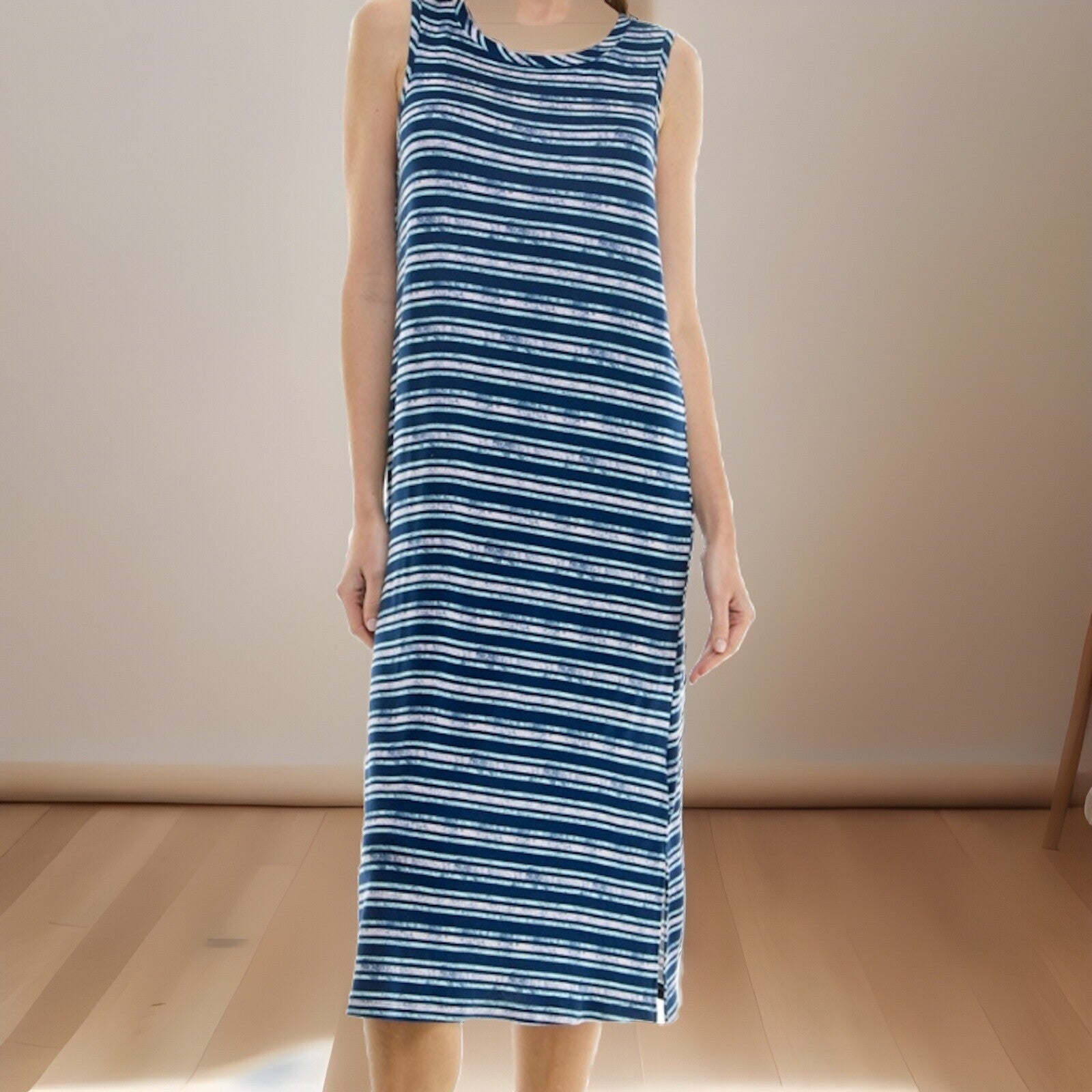 Roudelain Womens Printed Sleeveless Knit Nightgown Quartz Stripe Blue Medium