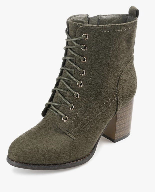 Journee Collection Women's Baylor Lace Up Stacked Heel Booties Olive 11