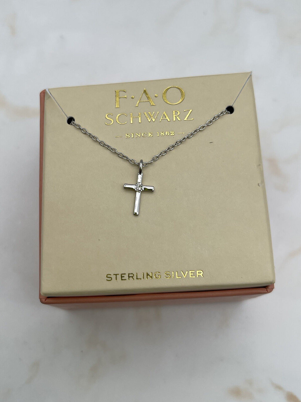FAO SCHWARZ Sterling Silver Cross Necklace Boxed 18 Inch Small 