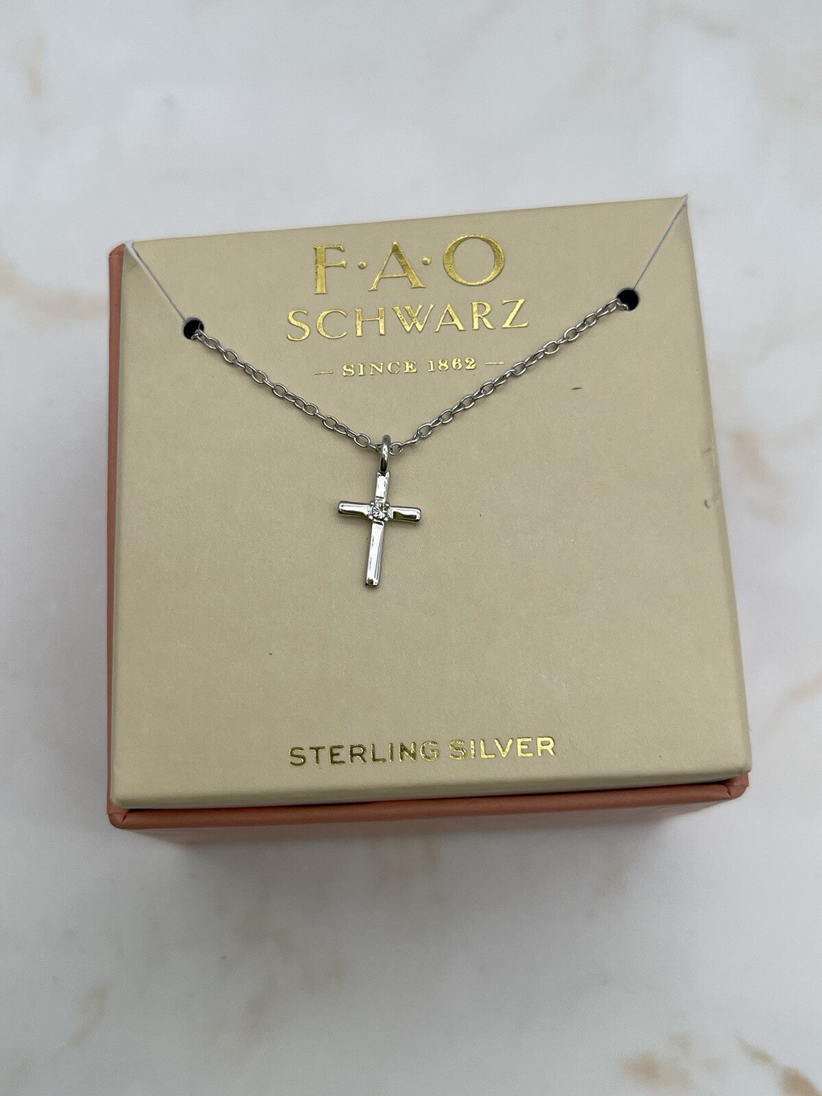 FAO SCHWARZ Sterling Silver Cross Necklace Boxed 18 Inch Small 