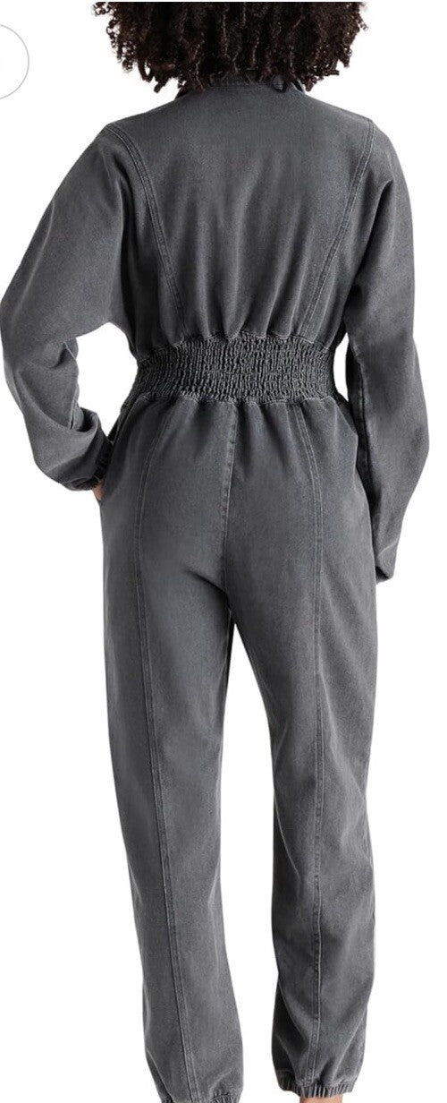 Steve Madden Womens Medium Black Denim Jumpsuit Partial Zip Long Sleeves