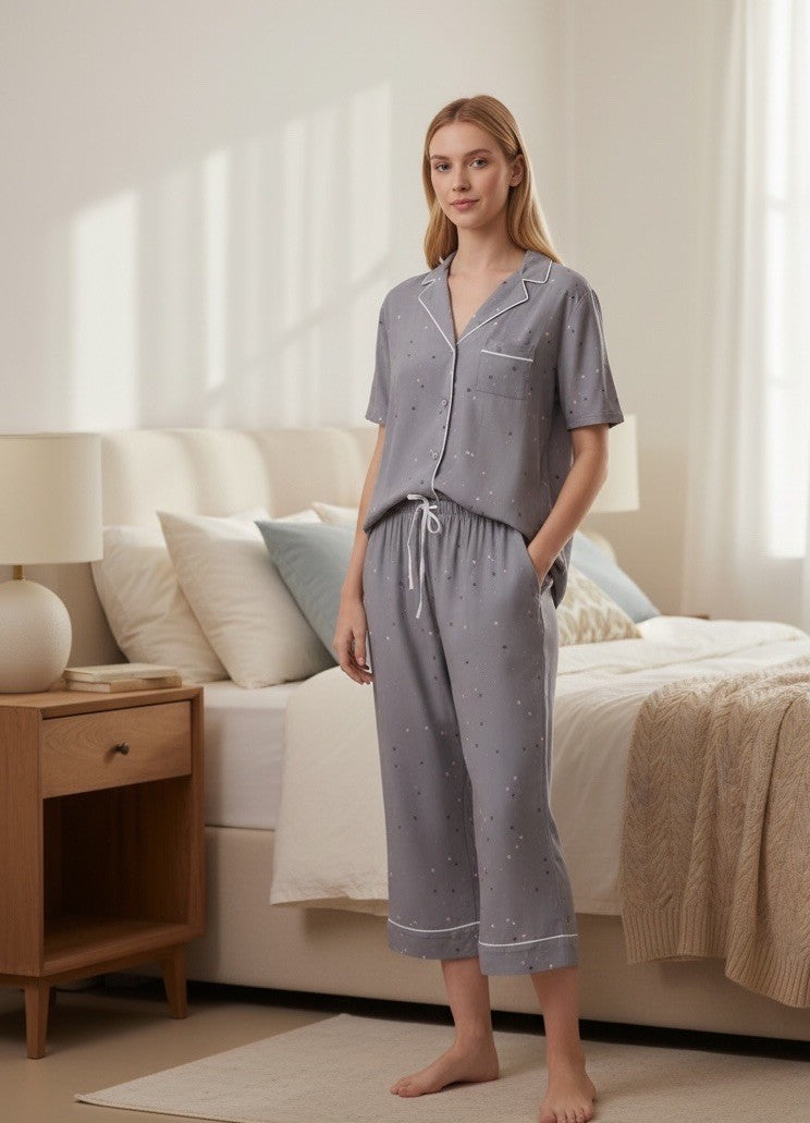 Splendid Womens Notch Collar Woven Capri Pajama Set, Scatter Star, XL