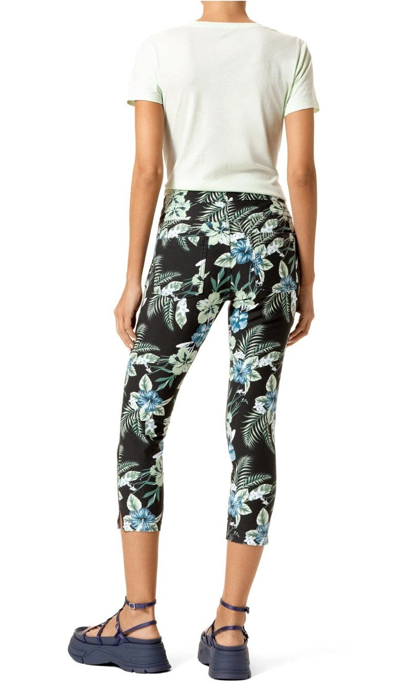 Hue Womens Size M Floral Tropical Print Essential Denim Capri Pants in Black