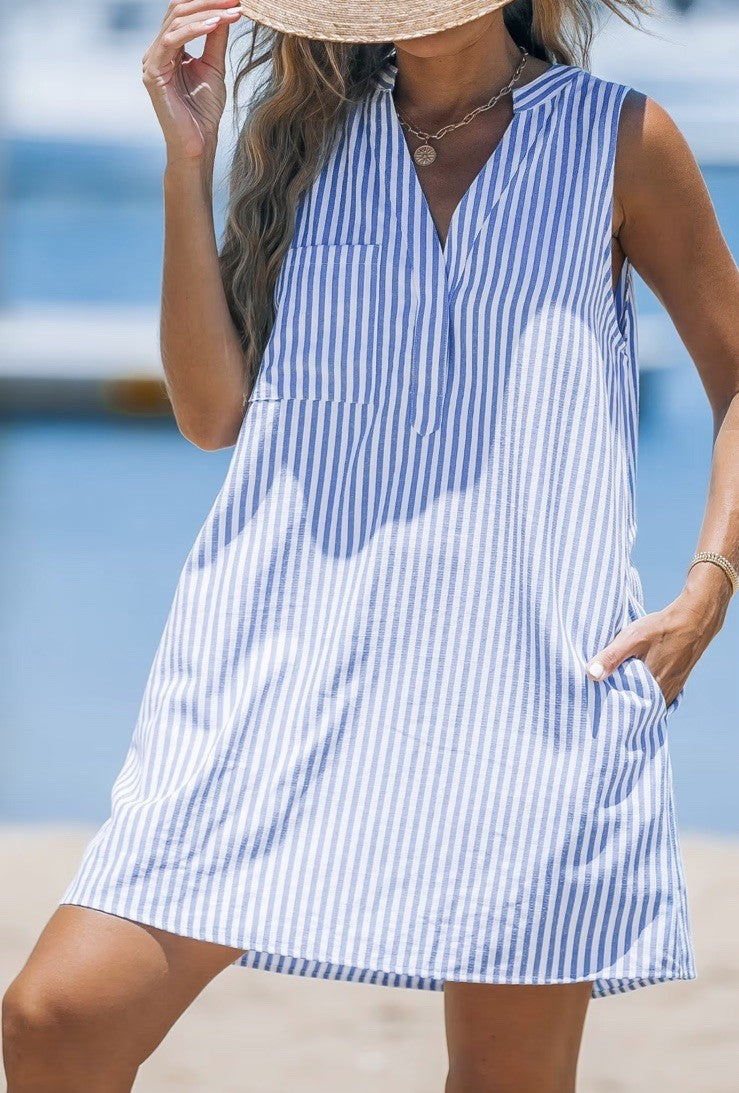 Blue & White Stripe Sleeveless V-Neck Mini Dress Cupshe XL