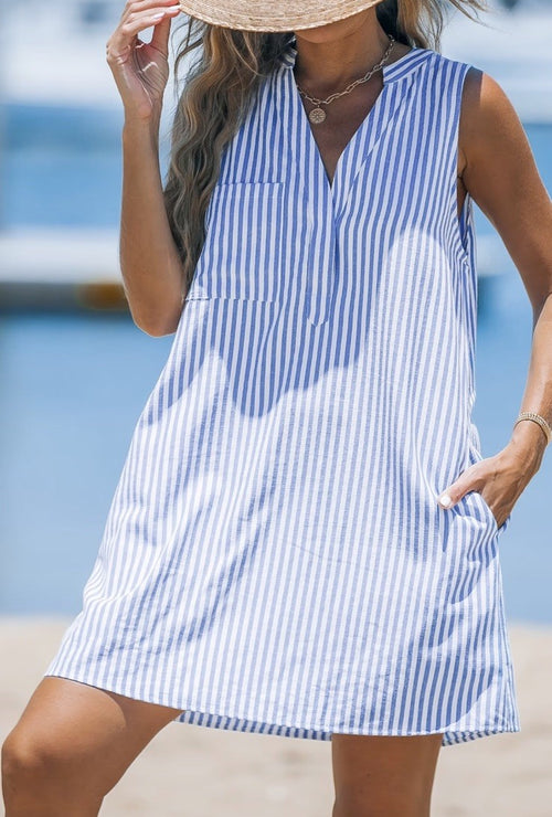 Blue & White Stripe Sleeveless V-Neck Mini Dress Cupshe XL
