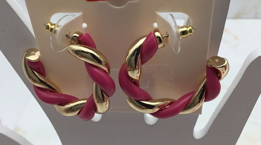 NWT On 34th Gold-Tone Pink Swirl Medium Hoop Earrings, 1.2" Summer Spring