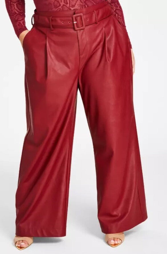 Nina Parker Women's Red Plus Size Faux Leather Belted Wide Leg Pants Size 18W