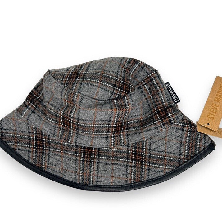 Steve Madden Bucket Hat Reversible Gray Plaid Faux Leather