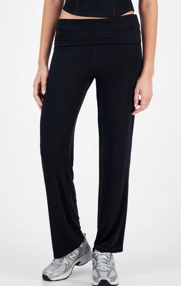 Ultra Flirt Juniors' High Rise Foldover-Waist Ribbed Knit Pants Black XL