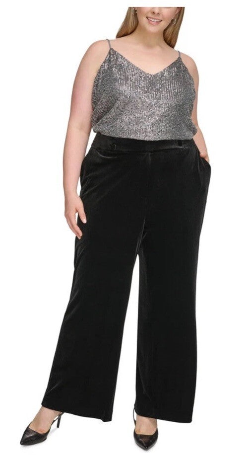 Calvin Klein Women's Black Velvet High Rise Wide Leg Pants Plus Size 20W
