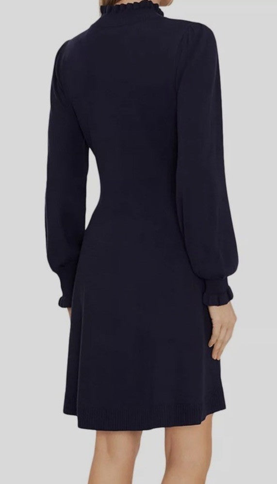NEW CeCe RUFFLED NECK CUFFS KNIT SWEATER DRESS SZ M NAVY BLUE