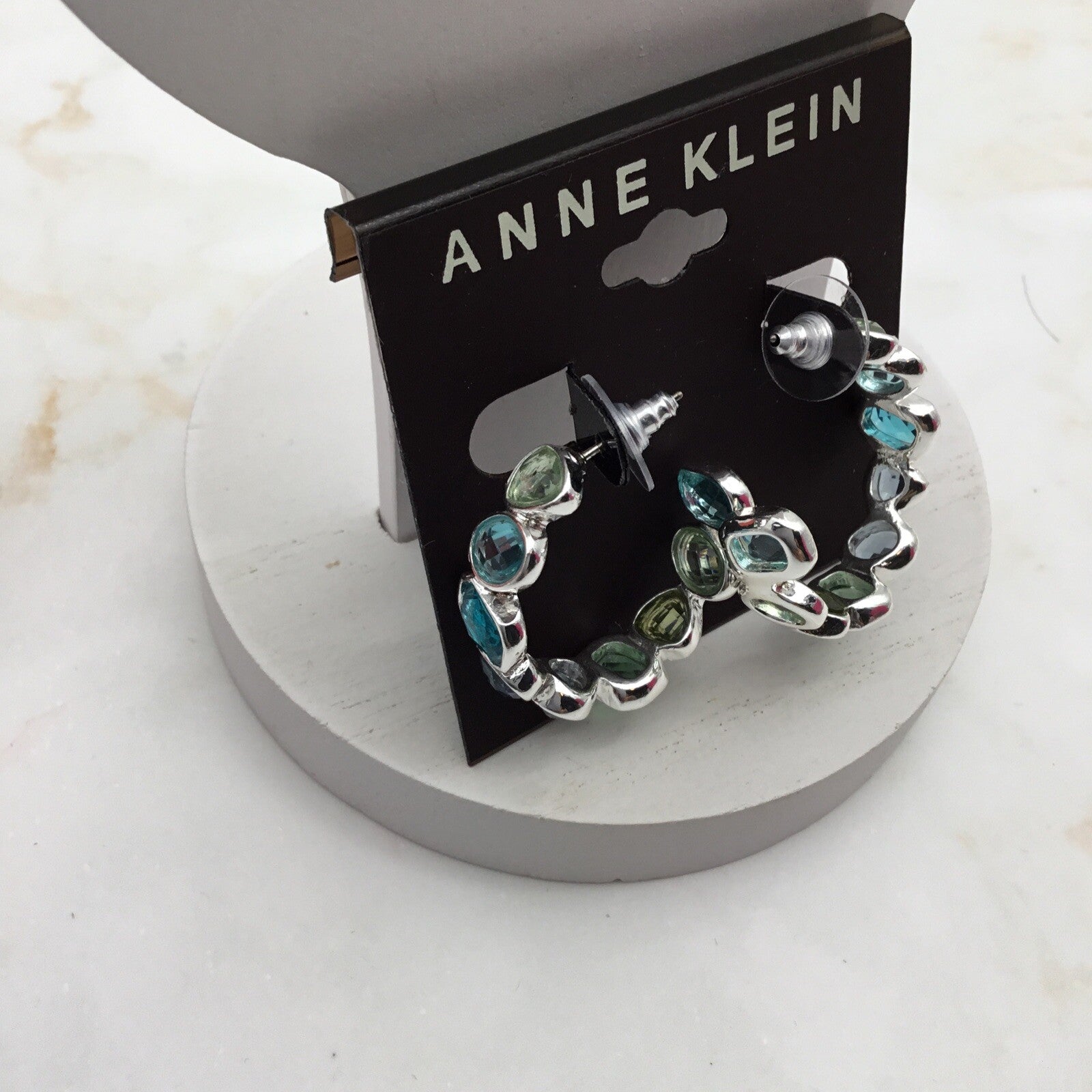 Anne Klein Silver-Tone Crystal Bezel Set C Hoop Earrings