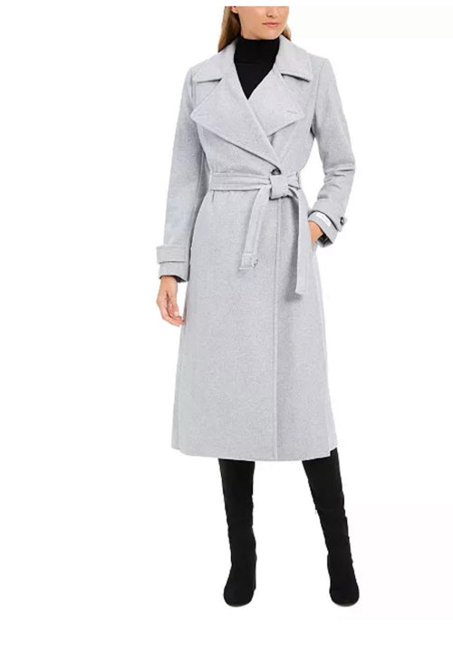 Calvin Klein Womens Belted Wrap Wool Blend Coat Size 10 Light Grey
