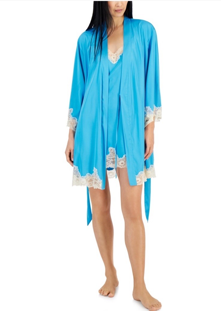 I.N.C. International Concepts Women's Lace-Trim Stretch Satin Robe Cyan Blue XXL