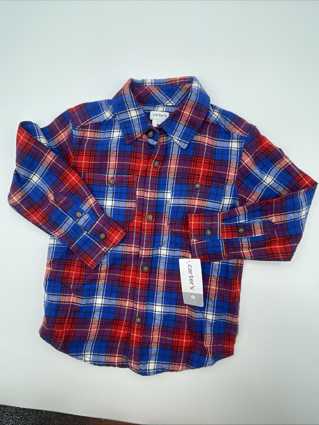 Carters Toddler Boys Size 4T Plaid Printed Collared Button Down Shirt Cotton EUC