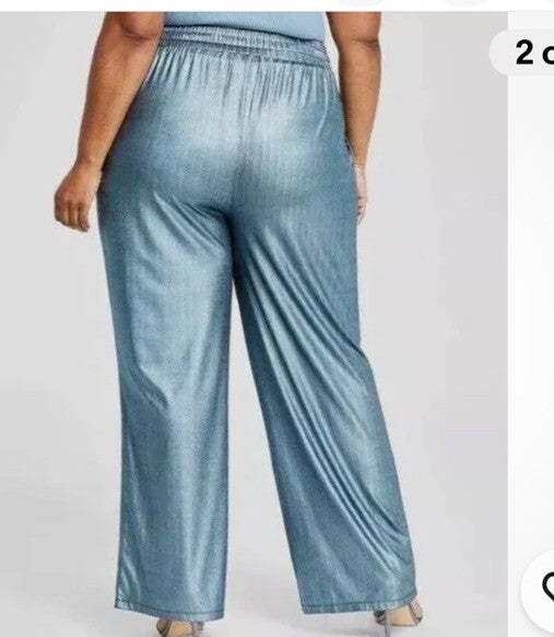 Nina Parker Women's Blue Ice Metallic Elastic-Waist Wide-Leg Pants Plus Size 2X