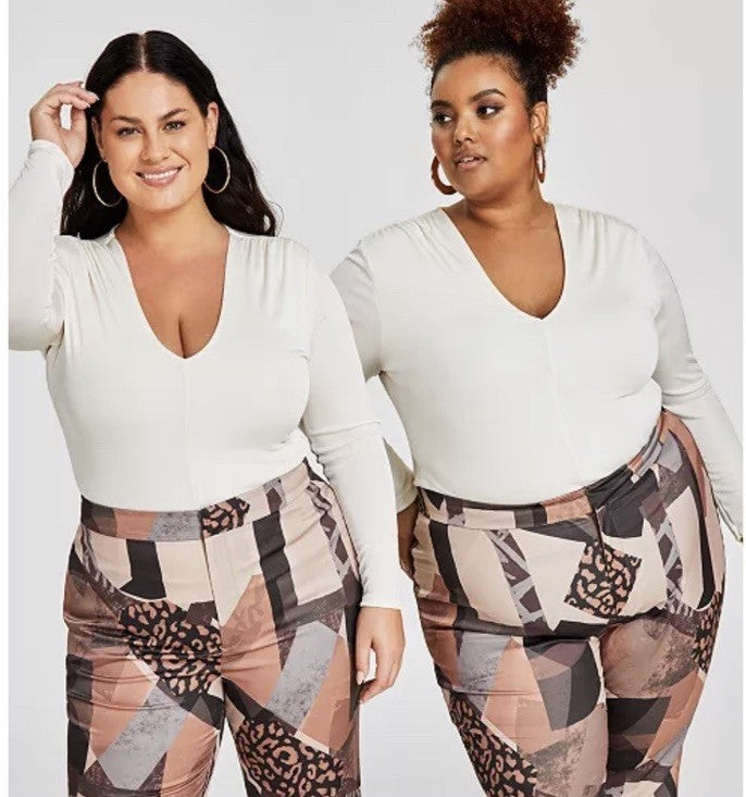 Nina Parker Trendy Plus Size V-Neck Long-Sleeve Top Color 103 Egret 1X