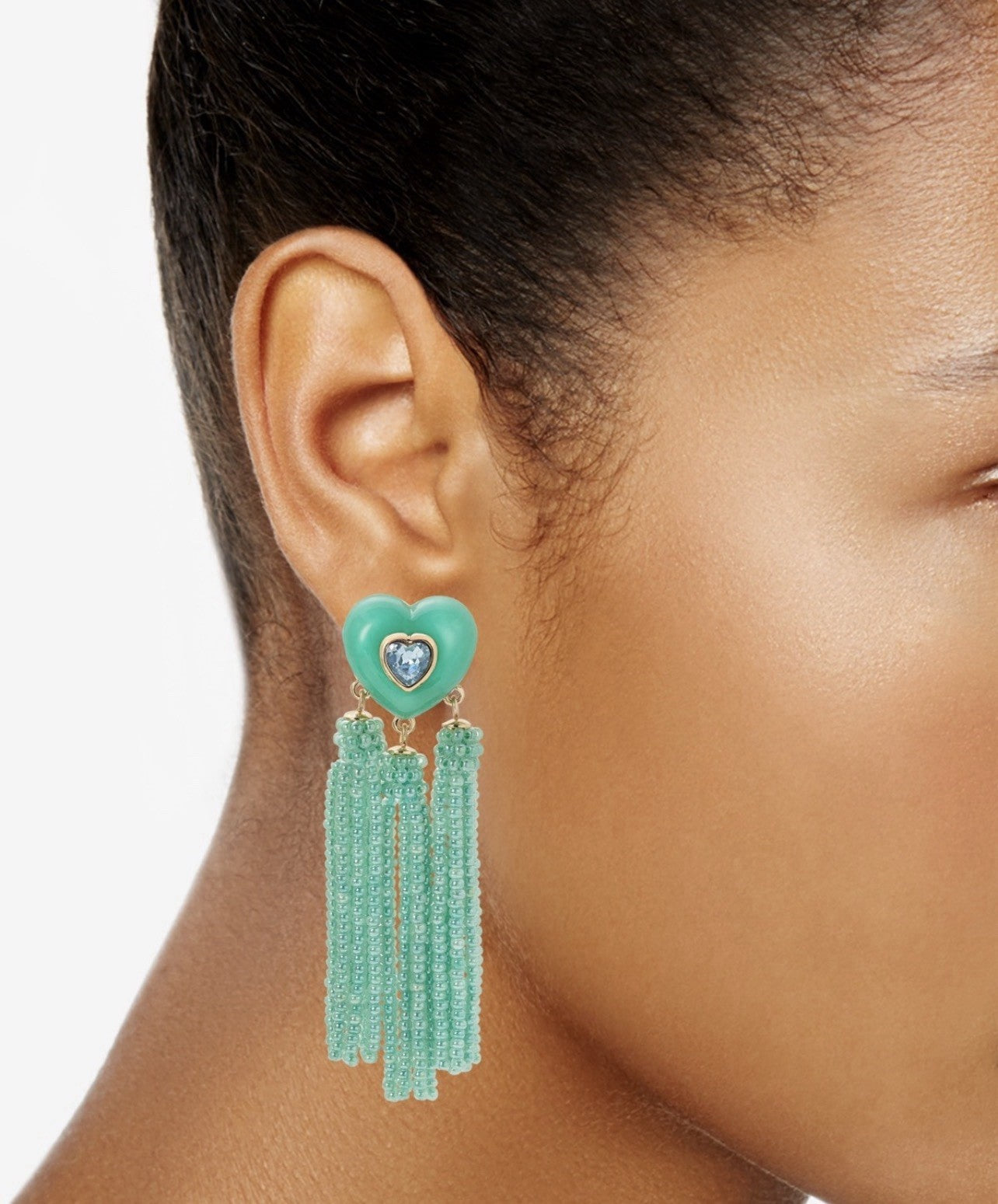 On 34th Earrings Green Heart Tassel Mixed Beaded Rhinestone Fringed Tower $49