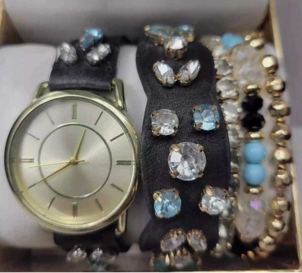 Jessica CarlyleWomen's Analog Black Jeweled Strap Watch 34mm Matching Bracelets