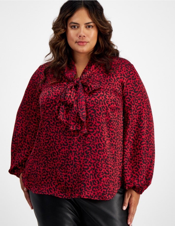 Bar III Plus Size Animal-Print Tie-Neck Blouse 1X Black Pomegranate 