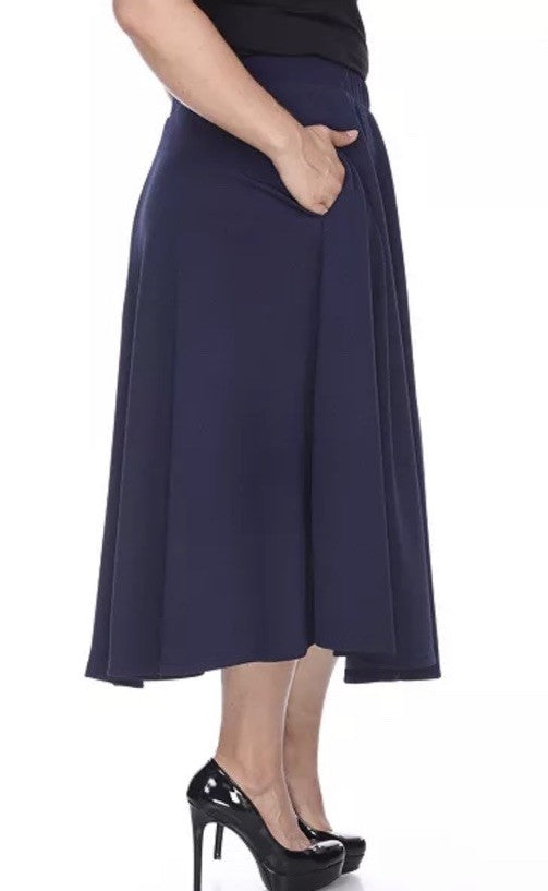 White Mark Plus Size Flared Midi Skirt Navy 1XL