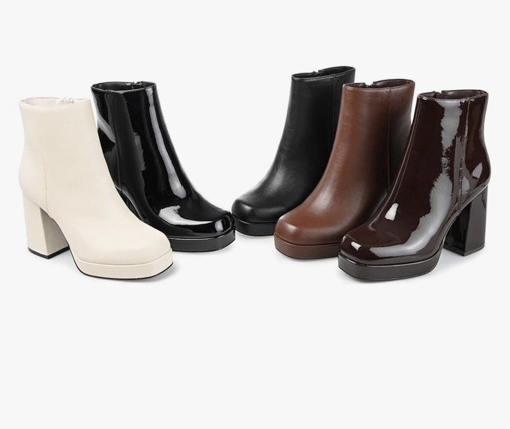 Journee Collection Women's Mollie Platform Block Heel Booties Patent Brown 9