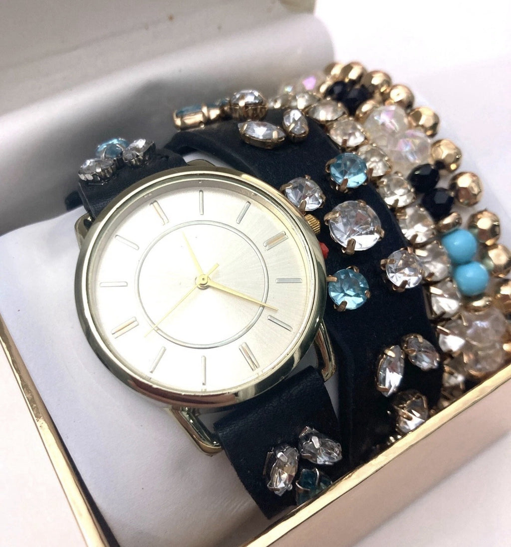 Jessica CarlyleWomen's Analog Black Jeweled Strap Watch 34mm Matching Bracelets