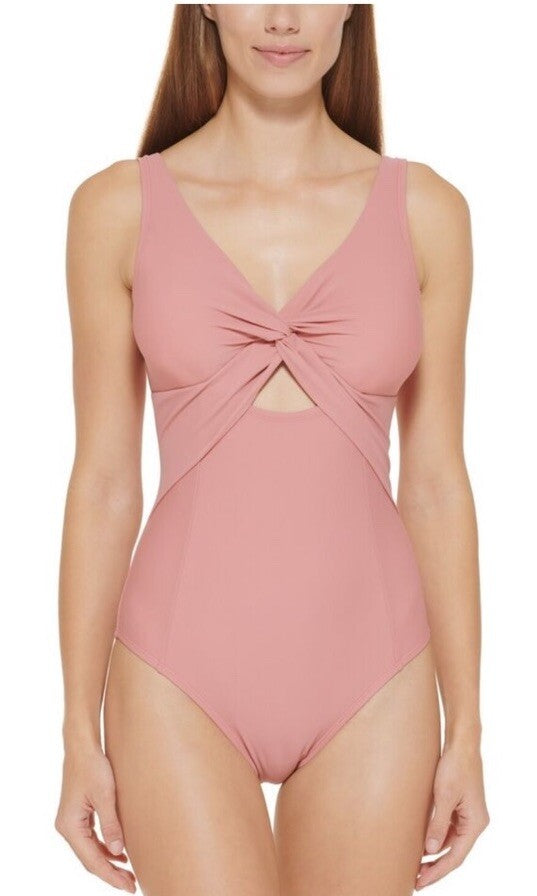 MSRP $108 Dkny Peek-A-Boo Twist One-Piece Womens Pink Size 14