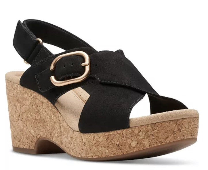 Clarks Women's Giselle Dove Wedge Sandals Black Nubuck 9 1/2