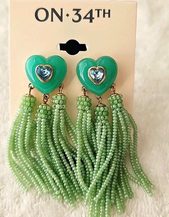 On 34th Crystal Heart & Beaded Fringe Drop Earrings Green 