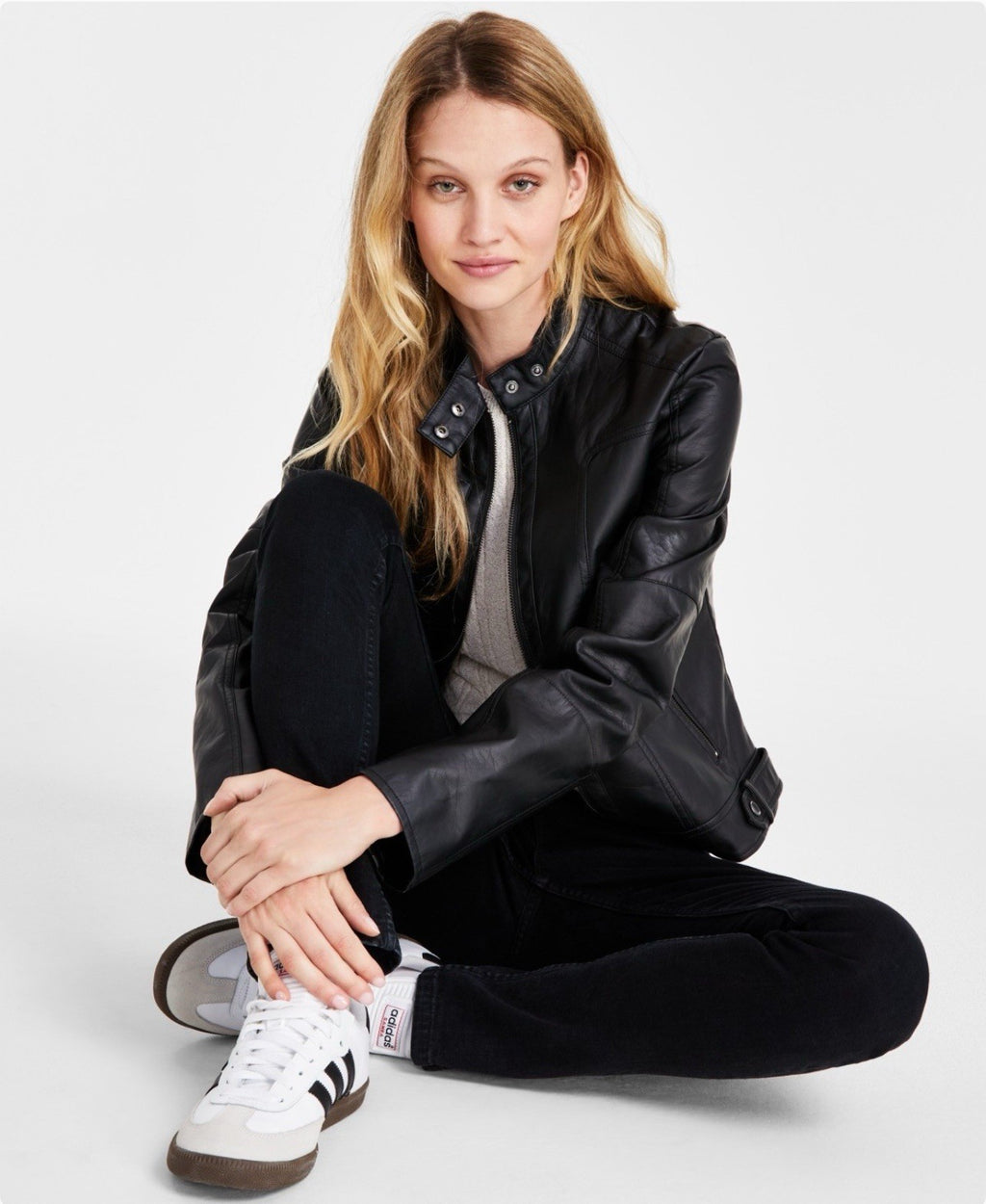 Maralyn & Me Faux-Leather Zip-Front Jacket Juniors S. Black Snap Closure Collar