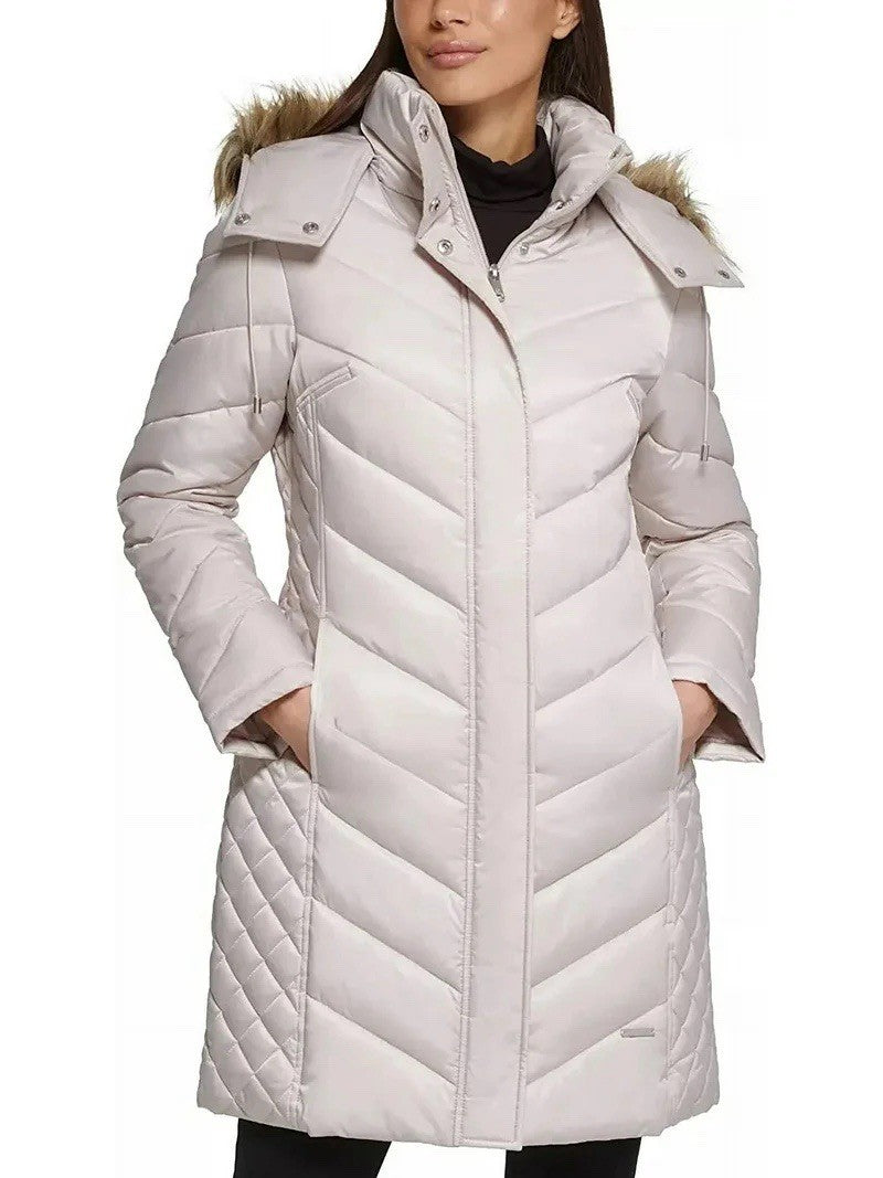 Kenneth Cole Women's Quilted Faux Fur Hood Heavyweight Puffer Coat Birch Size XL