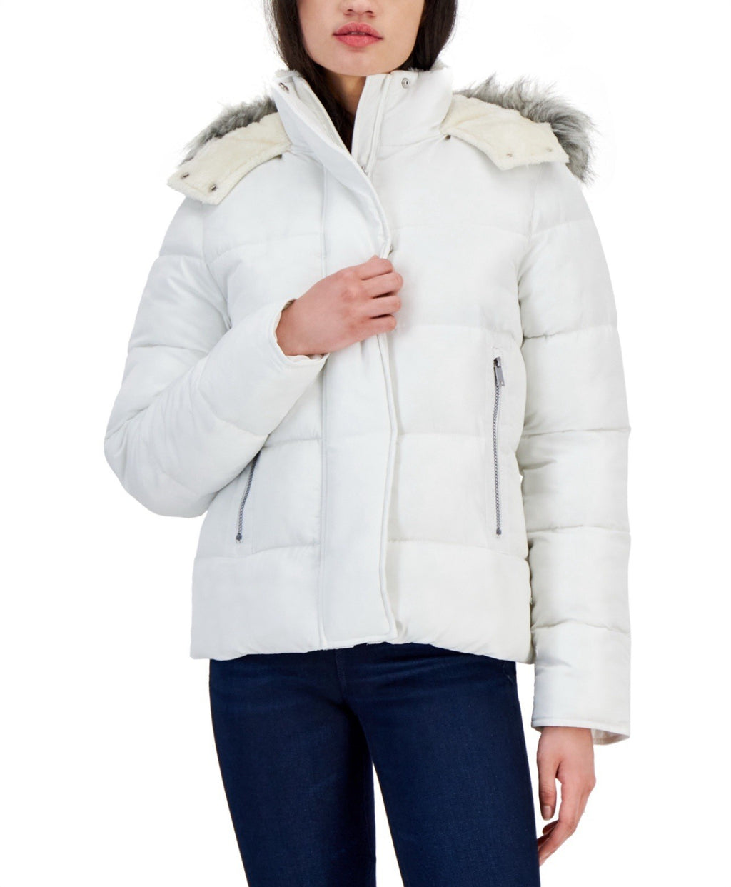 Maralyn & Me Juniors' Faux-Fur-Trim Hooded Puffer Coat Winter White Size M