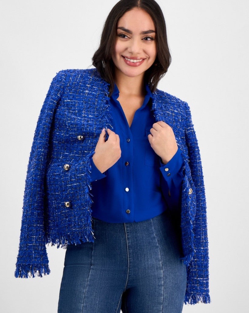 I.N.C. International Concepts Petite Button-Front Blouse Bright Blue Pet/med