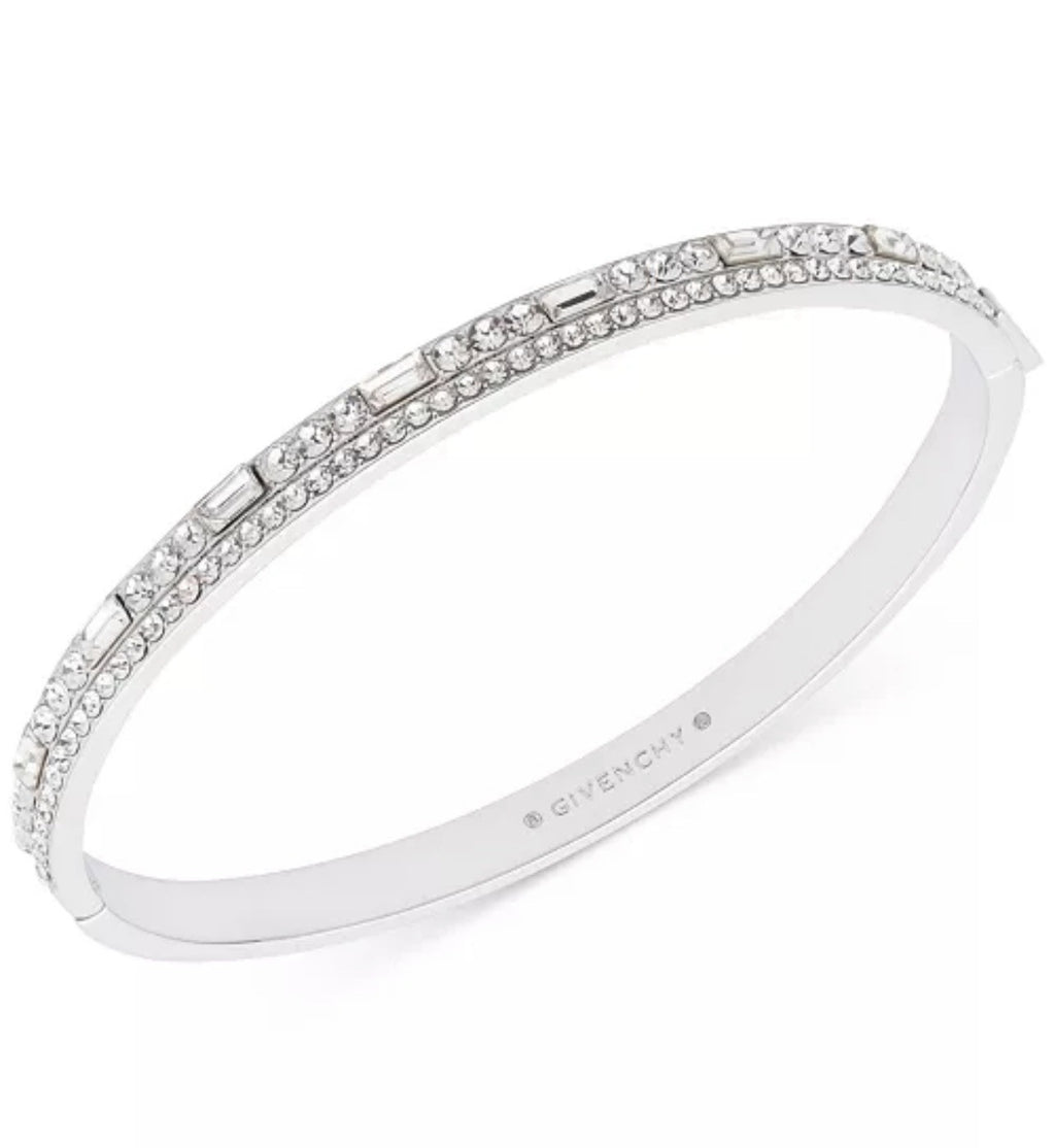 Givenchy Womens Silver Tone Crystal Hinged Bangle Bracelet Pave Rhinestone Logo