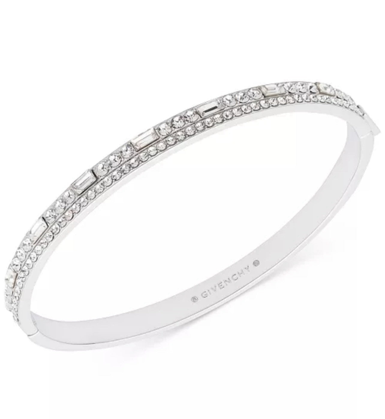 Givenchy Womens Silver Tone Crystal Hinged Bangle Bracelet Pave Rhinestone Logo