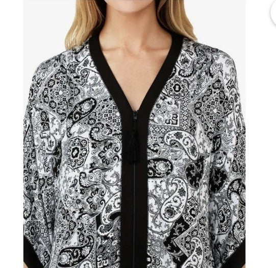 Ellen Tracy Zip-Front Printed Caftan S/M Black White Paisley 
